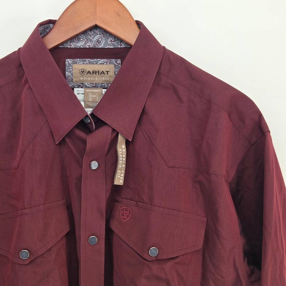 Ariat Wrinkle-Free Pinpoint Oxford Size L Burgundy Western Snap Shirt Mens